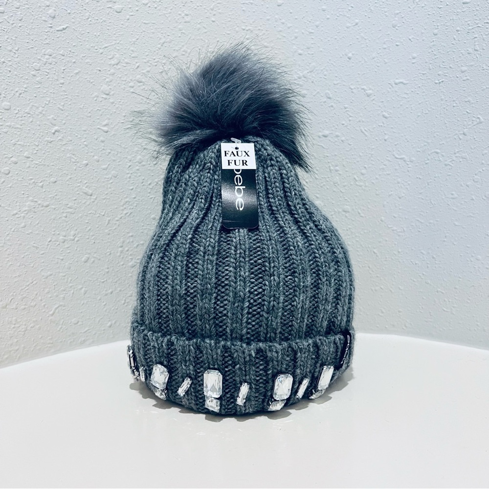 BEBE Knit Faux Fur Pom Pom Crystals Grey Beanie Hat OS NWT